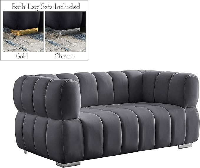 Meridian Furniture 670Grey-L Gwen Collection Modern | Contemporary Velvet Upholstered Loveseat with Deep Biscuit Tufting