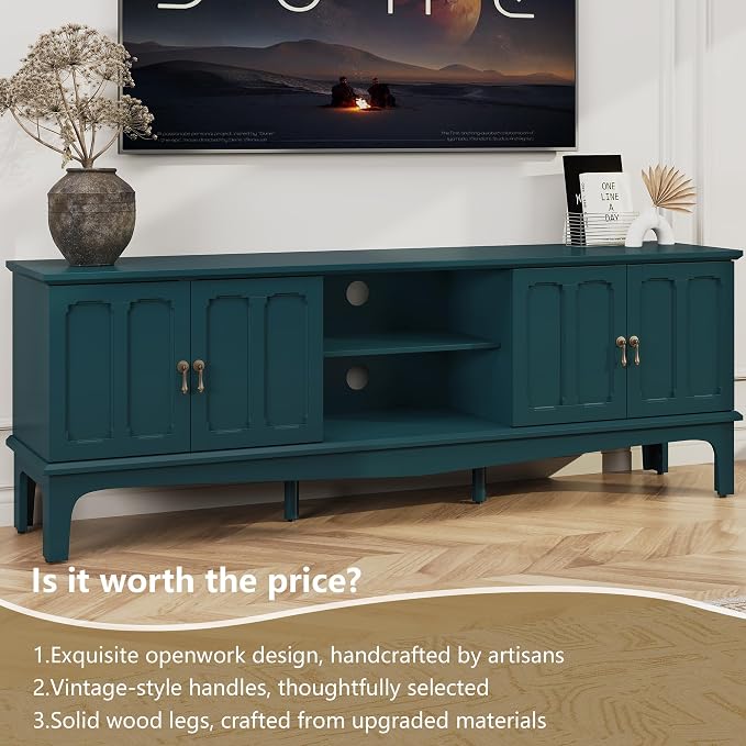 ARTPOWER 67“ Vintage TV Stand for TVs up to 75”, Modern Entertainment Center with Door Cabinets and Open Shelves,TV Console with Storage,Green Media Cabinet for Living Room,Bedroom - Image 3