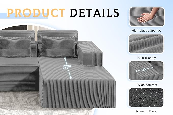 Homguava Modular Sectional Couches for Living Room,105" Cloud Couch with L-Shape Chaise,Comfy Sofa Living Room Sofas with Deep Seat,No Assembly L Couch,Corduroy Fabric(Light Grey,R)