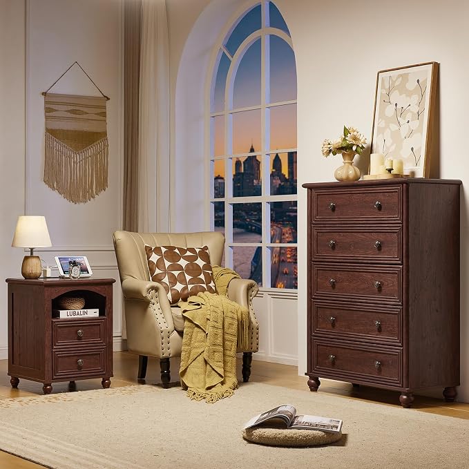 RWYHG 18" Farmhouse Night Stand Set of 2 with Charging Station, Walnut Wood Nightstand with 2 Drawers, Bedside End Table with Shelf Storage, Bed Side Tables for Bedroom, Living Room, and Closet - Image 8
