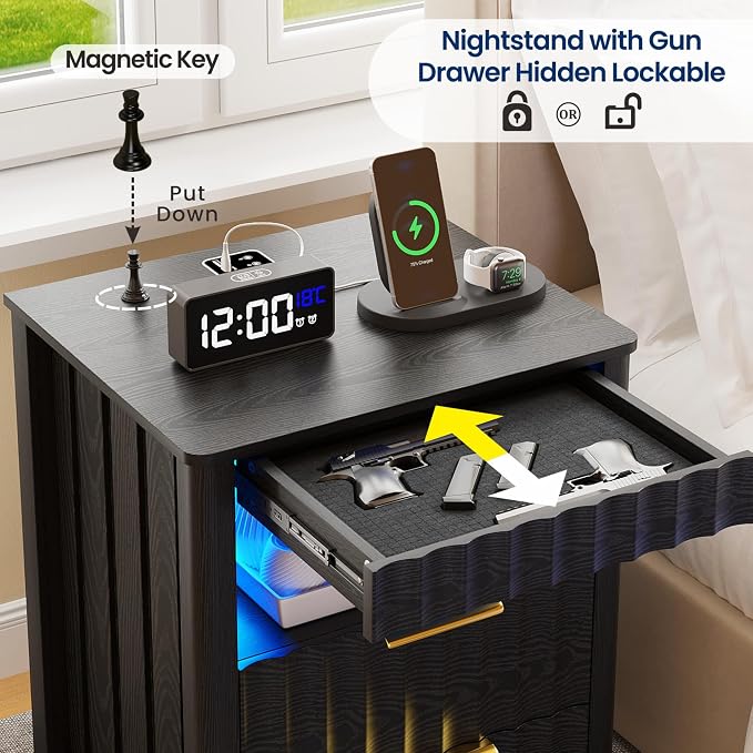 Dystler Fluted Night Stand Set of 2 with LED Light, Nightstand with Charging Station and Gun Drawer, Modern Bedside Table with Human Sensort and Storage Shelf for Bedroom, Black - Image 6
