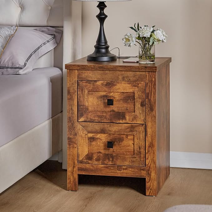AMERLIFE Nightstand Set of 2 with Charging Station, Rustic Bedside Table with Drawers Storage, Farmhouse Wood Night Stand for Bedroom, Rustic Brown - Image 7