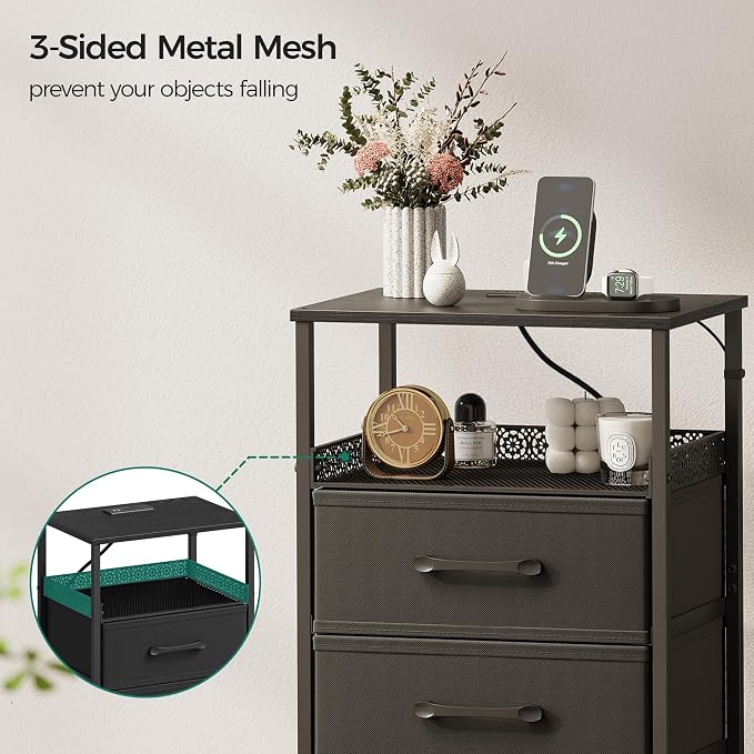 JARHETUN Nightstand Set of 2, Night Stands with Charging Station, 26.4 Inch Tall Bedside Table with Metal Shelf, Side Table with 2 Fabirc Drawers for Bedroom, Black - Image 6