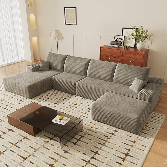135" U Shaped Sectional Couch with Ottoman, Large Sectional Couches for Living Room, Plush Corduroy Convertible Sleeper Sofa, Compressed Foam Sofa in a Box No Assembly, Left Facing Chaise, Camel