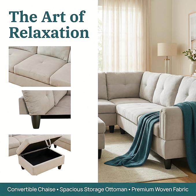 NicBex Modular L-Shaped Sectional Couches, 3-Piece Convertible Couch with Storage Ottoman, 4-Seat Comfy Sofa with Chaise for Living Room & Apartment, Grey White