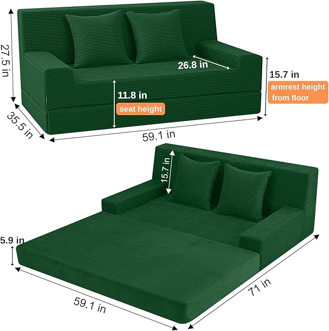 MeMoreCool Corduroy Loveseat Sleeper Sofa – Green Boneless Fold-Out Couch Bed with Foam Core, Convertible Floor Futon with Pillow & Washable Cover for Small Spaces, Bedroom, Guest Room
