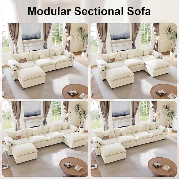 116" Modular Sectional Sofa, U Shaped Cloud Couch with Movable Ottoman, Chenille Deep Seat Cloud Sofa with Charging Station, Cup Holder, Side Pocket, Sectional Couches for Living Room, Beige