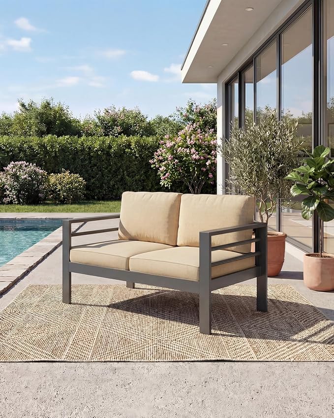 AECOJOY Aluminum Patio Furniture Loveseat, Modern Outdoor Furniture with Washable 5 inch Thick Cushion, Beige