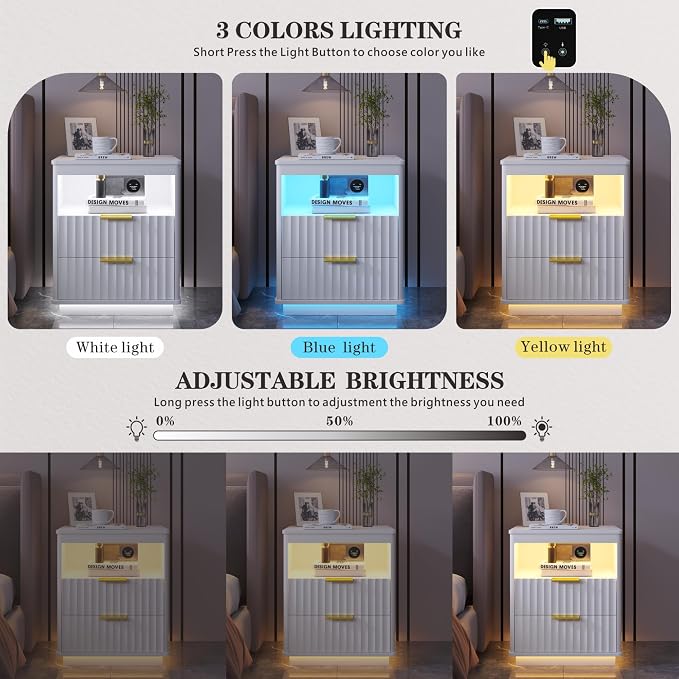 Dystler Nightstand with LED Light, Modern End Side Table with 2 Drawers and Open Storage, Smart Bedside Table with Charging Station & Human Sensor for Bedroom, White - Image 3