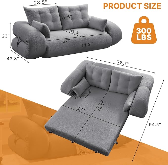 Rovibek 94" x 78" Oversized Floor Sofa with 4 Pillows, 3-in-1 Convertible Sleeper Sofa Bed, Compressed Couch in a Box for Living Room, Apartment, and Guest Room, Gray