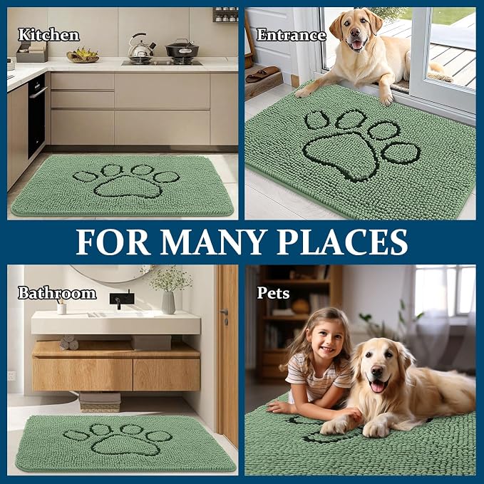 OLANLY Dog Door Mat for Muddy Paws 30x20, Paw Print Design, Absorbs Moisture and Dirt, Absorbent Non-Slip Washable Doormat, Quick Dry Chenille Mud Mat, Entry Indoor Entryway Carpet, Olive Green - Image 8