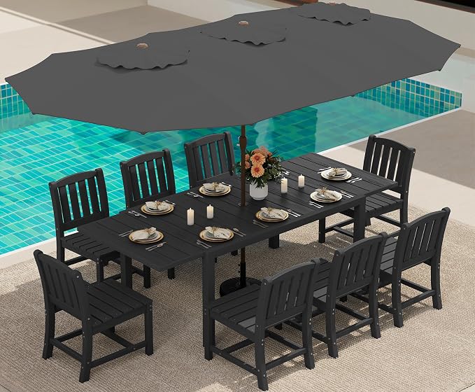 SERWALL 10-Piece Patio Dining Sets with 15FT Patio Umbrella, 60" - 83" Expandable Outdoor Dining Table and 8 HDPE Chairs, Aluminum Frame Table with HDPE Tabletop, Black (Umbreall Base not Included) by SERWALL