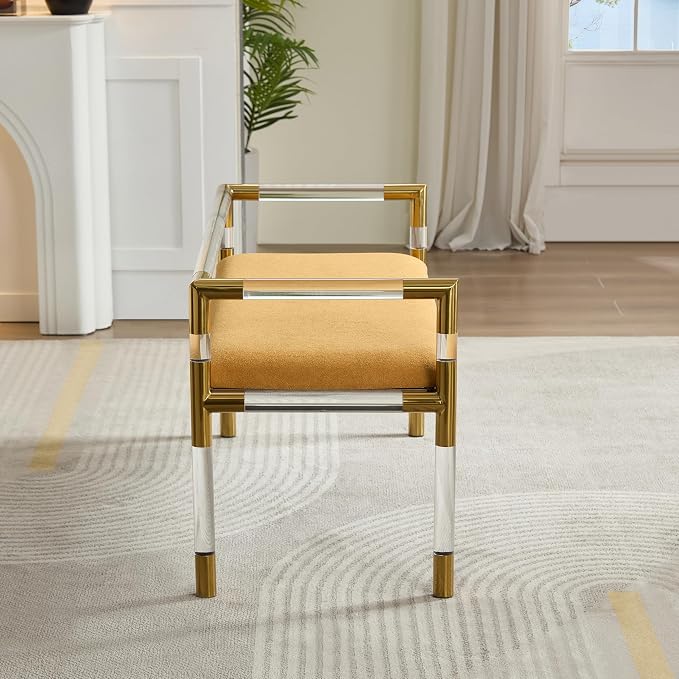 Bedroom Bench with Low Back, Acrylic and Stainless Steel Combination,Upholstered Seat(Yellow) - Image 9
