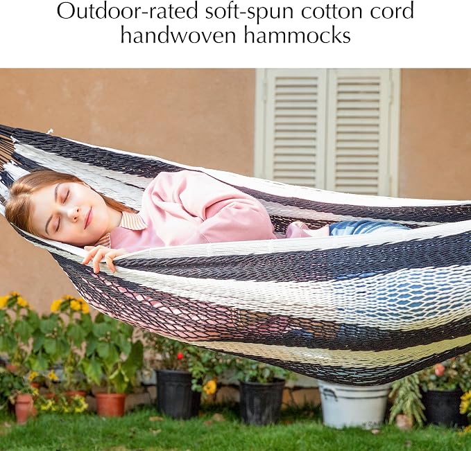 PNAEUT Handwoven Mayan Hammock, Thick Soft Rope Double Hammock for Outdoor Outside & Indoor, 600 lbs Capacity Heavy-Duty, Includes Tree Straps, Carabiners & Carrying Bag (Black and White, X-Large) - Image 4
