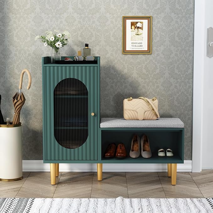 HLR Storage Bench Set of 2, Green Modern Entryway Shoe Cabinet Bench with Glass Door&Shelf, L-Shaped Storage Cabinet with Padded Seat for Hallway, Bedroom, Living Room, Office - Image 8