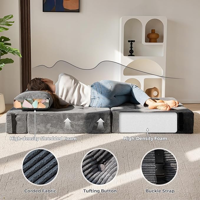 MAXYOYO Folding Sofa Bed, Convertible Sofa Bed with High-Density Support Foam, Portable 4 in 1 Fold Out Chair to Floor Lounger, Versatile Floor Couch for Living Room Bedroom, Dark Grey