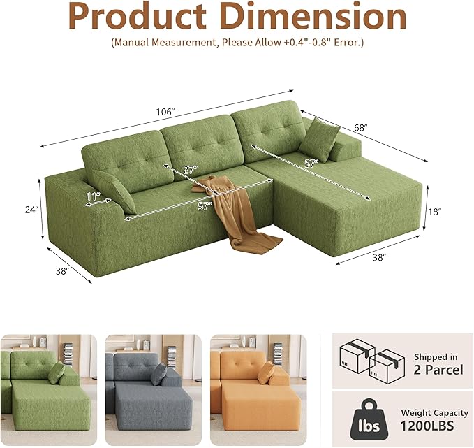 Ball & Cast 106" Modular Sectional Sofa, Convertible Cloud Couch with Deep Seat, Boneless L-Shaped Sectional, Flexible Modular Combination for Living Room, No Assembly (Green, Right Facing Chaise)