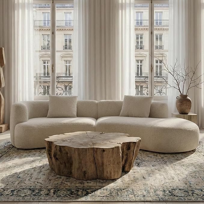 Acanva Modern Curved Sectional Living Room Couch, Minimalist Comfy Boucle Fabric Modular Sofa for Apartment, Home Office, 114" W Right Hand Facing, White
