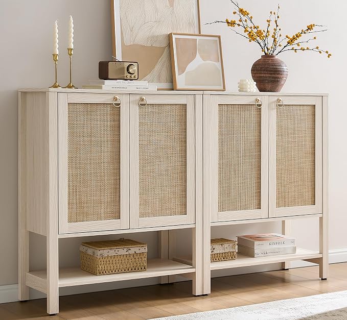 SICOTAS Shoe Storage Cabinet for Entryway - 5 Tier Rattan Entry Shoe Organizer Cabinet with Shelves & Doors, 2 Pieces Farmhouse Boho Shoe Rack for Hallway, Living Room, Closet (White Cream Oak) by SICOTAS