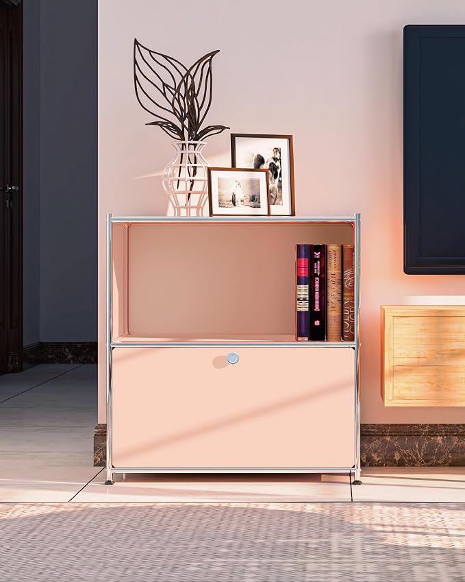 32.5-Inch Flip-Top Side Table & Buffet Cabinet with Detachable Wheels, Ample Storage, DIY Corner Bookshelf, Wall Shelf, Cube Organizer, Bedside Table – Modern Home Decor, Pink - Image 2