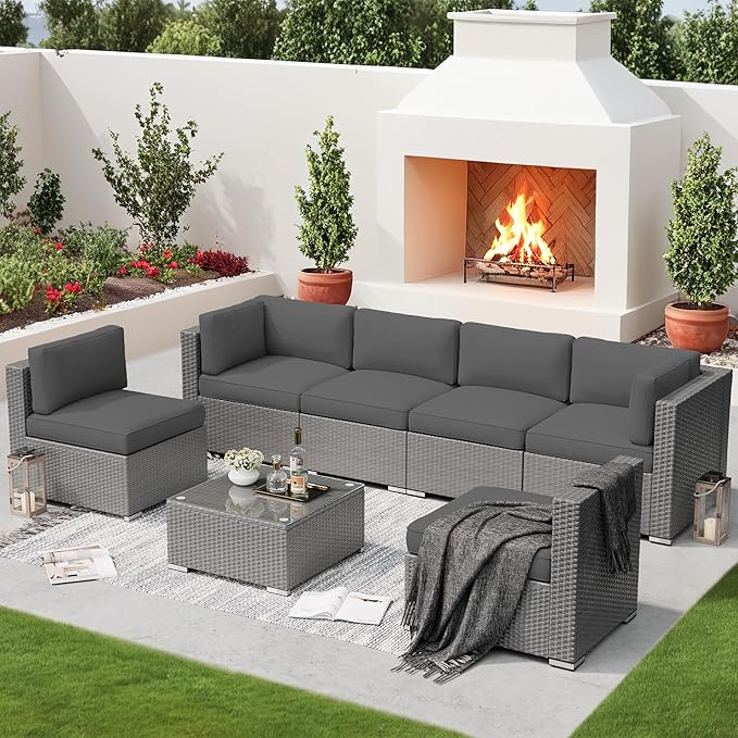 SUNCROWN UNCROWN Outdoor Patio Furniture Set 7 Piece Outdoor Sectional Sofa Grey Wicker Conversation Sofa Set with Coffee Table and Cushions, Backyard, Garden, Poolside, Grey
