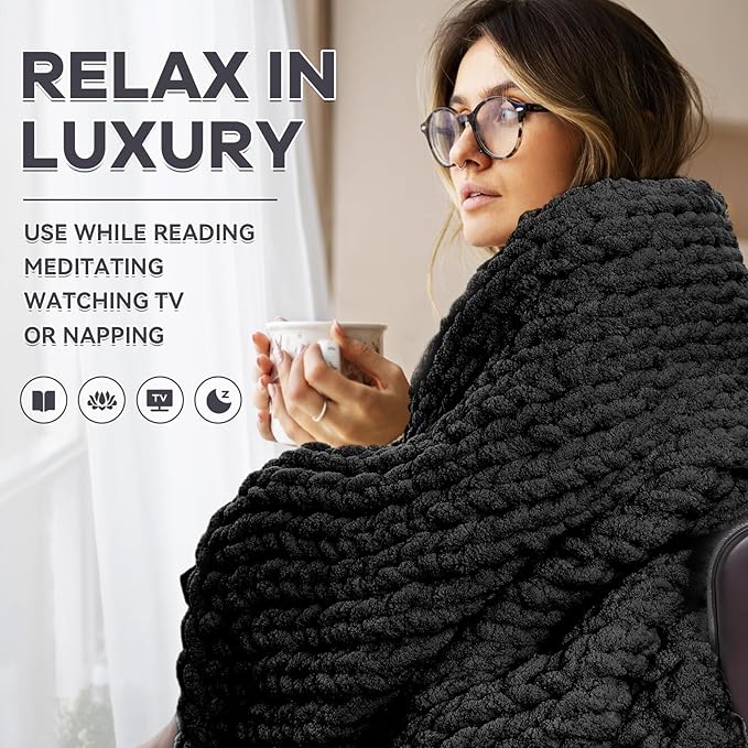 Chunky Knit Blanket - Luxury Soft Cozy 60 * 80 Throw Blanket,100% Woven Blanket Rope Knot Throw Blanket for Couch, Sofa, Home Decor, Gift - Machine Washable (Black, 60 * 80)