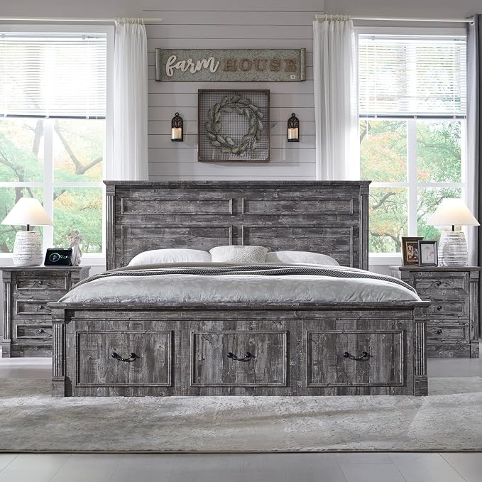 Aitjunz 26" Tall Farmhouse Nightstand, 3 Drawers End Table w/Charging Station, 23.6" Wide Large Side Table w/Roman Column, Wood Rustic Sofa Table for Bedroom, Light Gray - Image 6