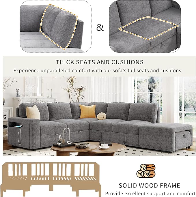Ball & Cast 90.6" Convertible Sectional Couches Fabric Sofa Set with Pull Out Bed,L-Shaped Modular Padded Cloud w/Storage Space and USB Ports & Cup Holders on The Armrests,for Living Room,Gray