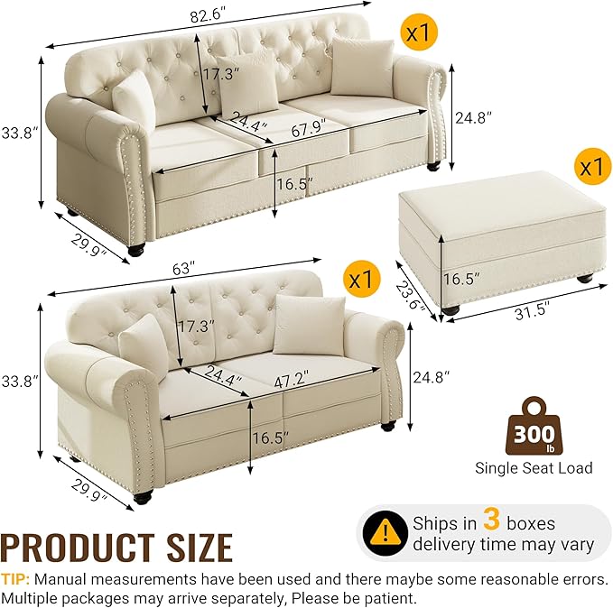 KEIKI 2-Piece Chesterfield Sofa Set with 1 Velvet 3-Seater Sofa & 1 Loveseat Sofa, Upholstered 5-Seater Couch Set with Nailhead Trim & Rolled Arms & 1 Ottoman & 5 Pillow, for Living Room, White