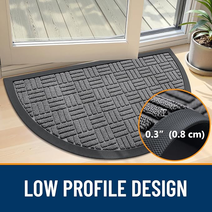 OLANLY Half Circle Door Mat Outside Entrance 29.5x17, Absorbent, Heavy Duty Sturdy Natural Rubber Doormat Indoor Outdoor, Fade Resistant, Non-Slip Backing Low Profile Floor Mat for Entryway, Grey - Image 4