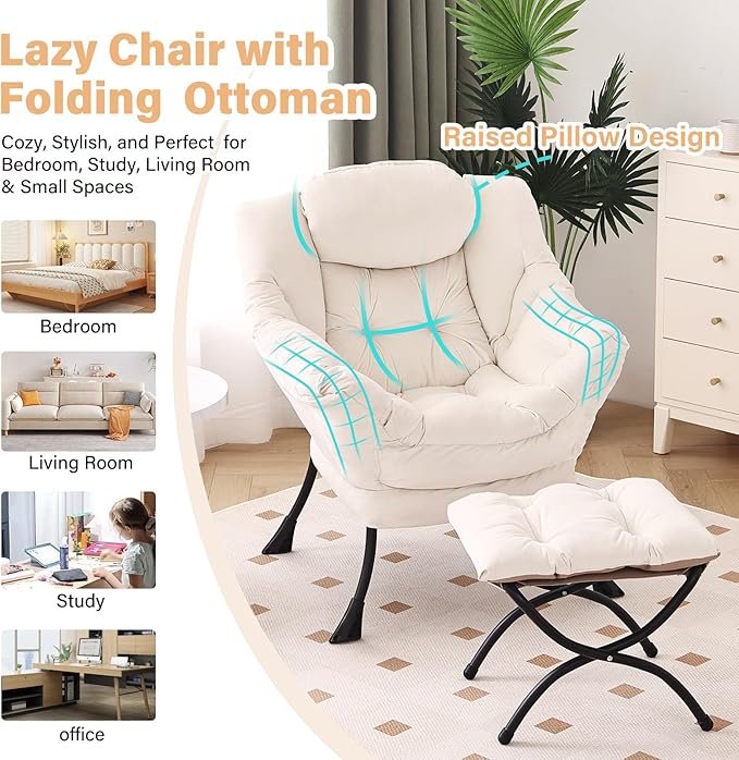 Furlide Lazy Chair with Ottoman, Modern Chair with Folding Footrest, Lounge Accent Chair, Comfortable Reading Chair, Oversized Armchairs for Bedroom, Study, Living Room, Courtyard (Beige)