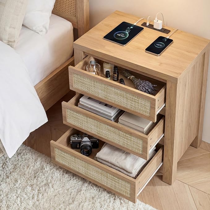 Yechen Night Stand Set of 2, Rattan Nightstands with Type-C Charging Station, 3 Rattan Drawers- Boho End Table Bedside Tables for Bedroom, Natural Walnut - Image 7