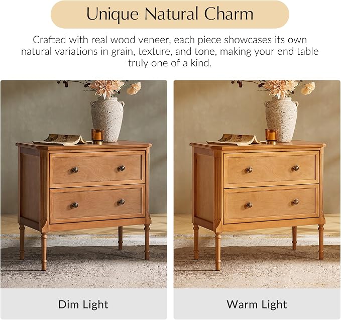 HULALA HOME Solid Wood End Table with Charging Station, Mid-Century Modern End Table with 2 Drawer, Adjustable Solid Wood Feet, Easy Assembly Set of 2, Teak - Image 7