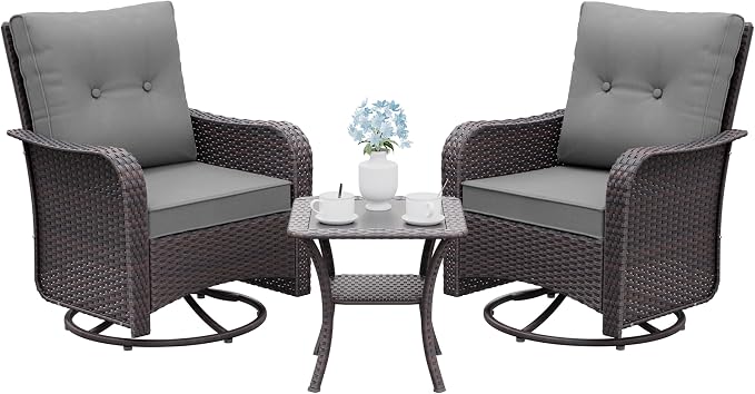 Gotland Outdoor Swivel Chairs Set of 2, 3 Pieces Patio Furniture Set with Thick Cushion, Wicker Rocking Patio Chairs Set of 2, Patio Bistro Set with Double-Layer Coffee Table for Balcony Porch Gray by Gotland