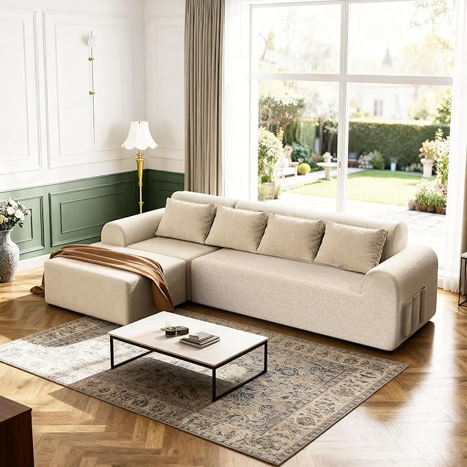 Rengue 105.5" Cloud Boneless Sectional Sofa for Living Room, 4-Seater L-Shaped Comfy Couch with Ottoman, 4 Pillows, Deep Seat Chenille Sofa, No Assembly Required (Beige) 72h to Restore