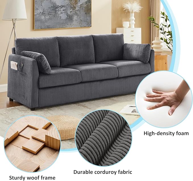 79" L Shaped Couch with Storage Ottoman, 3 Seater Corduroy Sofa with 2 Pillows and Storage Pockets, Convertible Small Couches for Living Room, Apartment, Small Spaces, Home Office, Grey