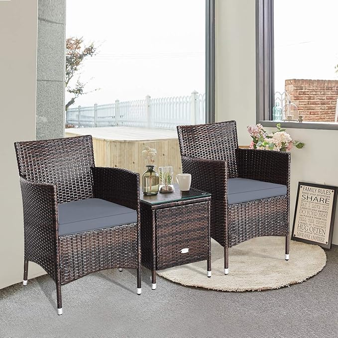 HAPPYGRILL 3-Pieces Patio Furniture Set Outdoor Wicker Rattan Conversation Set with Coffee Table Chairs & Thick Cushions Bistro Sets for Patio Garden Lawn Backyard Pool