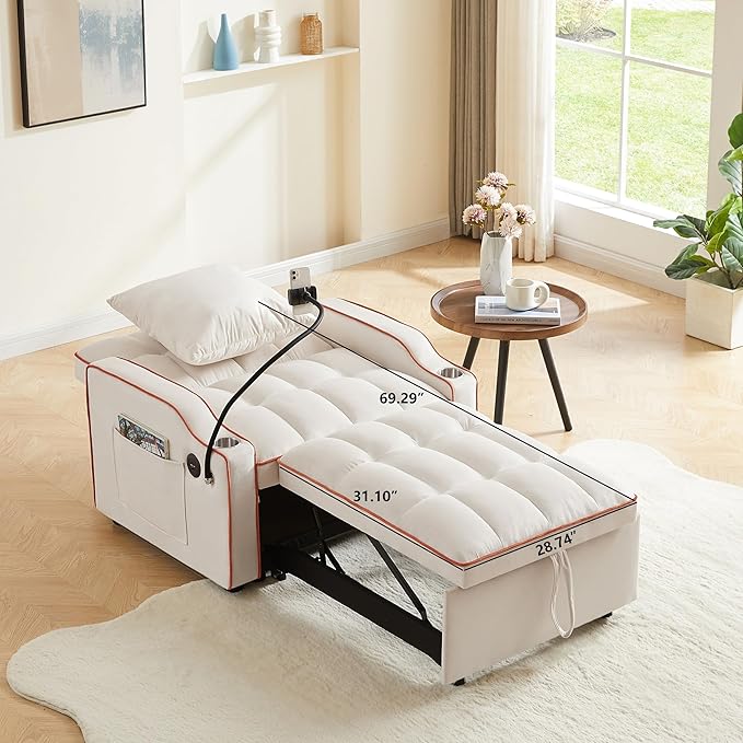 3 in 1 Convertible Sleeper Sofa Bed with Phone Holder, 35'' Pull Out Sofa Bed Recliner with Adjustable Backrest, Velvet Fabric Sleeper Couch Single Modern Chair for Small Space & RV, Beige