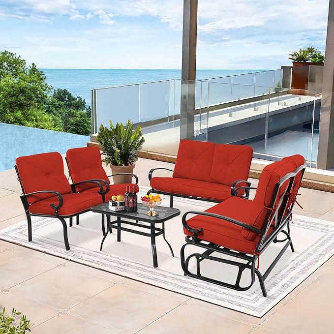 5 Pcs (6 Seats) Outdoor Patio Furniture Conversation Sets, Glider, Loveseat and Coffee Table, 2 Lounge Chairs with Cushions (Red)