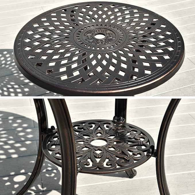 DWVO 30 Inches Round Patio Dining Table with Umbrella Hole, Antique Cast Aluminum Outdoor Bistro Table Outdoor Side Table for Backyard, Garden, Patio, Porch, Hammered Bronze - Image 7