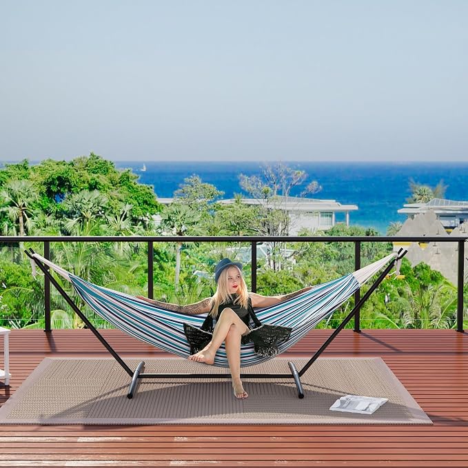 Double Hammock with Steel Stand - 2 Person Hammock Bed Indoor Outdoor, Brazilian-Style, with Carry Bag, 450lb Capacity, Portable & Easy Assembly, Ocean - Image 7