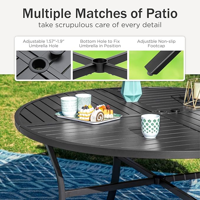 PHI VILLA Outdoor Round Dining Table for 6, 54" Large Metal Wrought Iron Table with Umbrella Hole, All Weather Furniture for Patio, Deck, Yard, Porch - Black - Image 5