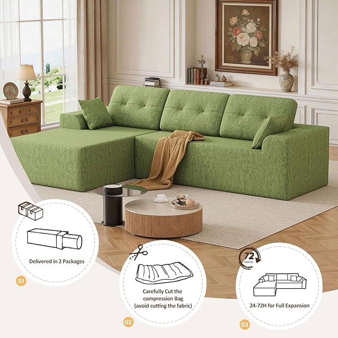 Ball & Cast Modular Cloud Sofa for Living Room,106'' Chenille Deep Seat Sectional Couch with Wider Armrest and Pillow,Modern Convertible Comfy Sofa Couches,No Assembly Required,Left Facing(Green)
