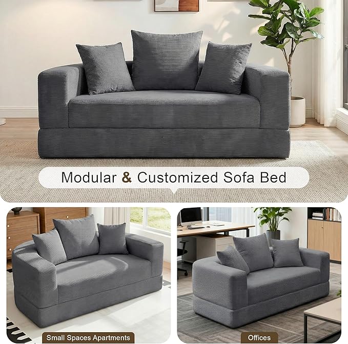 Casaphoria 67'' Wide Convertible Sofa Bed,Large Fold-Out Floor Couch with Comfy Back Pillows,Multi-Functional Sleeper for Living Room,Guest,Studio(Gray)