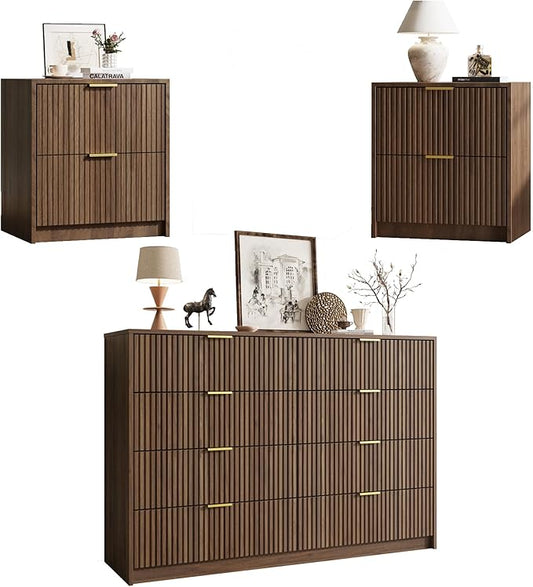 MAISONARIA 3-Piece Dresser Bedroom Set, 8 Drawer Dresser & 2 Drawer Nightstands with Gold Handles, Fluted Wood Chest of Drawers for Bedroom, Living Room, Entryway, Walnut