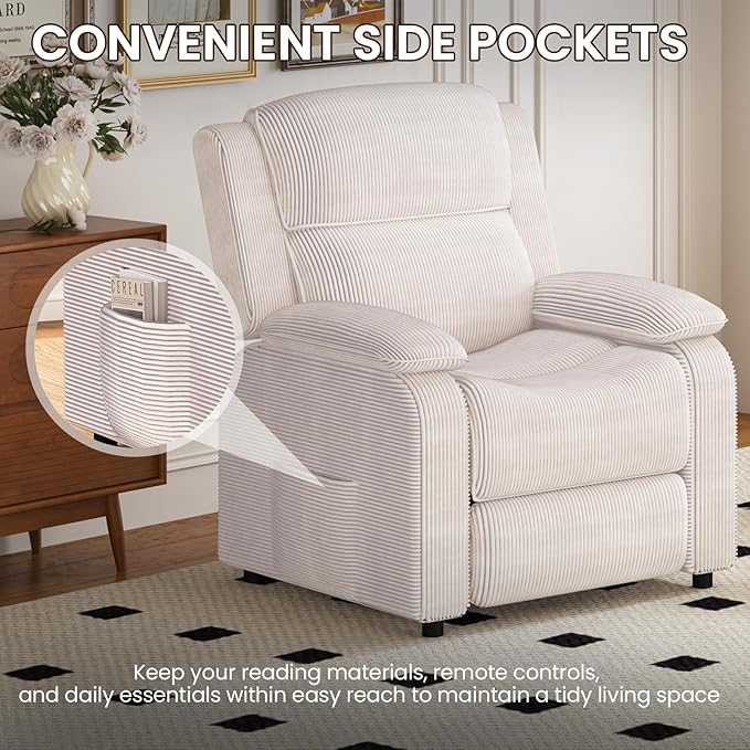 EROMMY Electric Recliner Chair, Oversized Power Recliner with USB Charging Port & Side Pockets, Heavy Duty Corduroy Reclining Sofa Chair, Wide Seat Living Room Chair for Adults, Beige