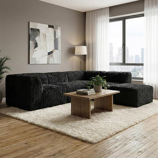 Furniture of America Havyn Modern Faux Fur 5-Seater L-Shaped Modular Foam Sectional Sofa with Ottoman, Compressed Couch in a Box, No Assembly Required, for Living Room and Office, Black