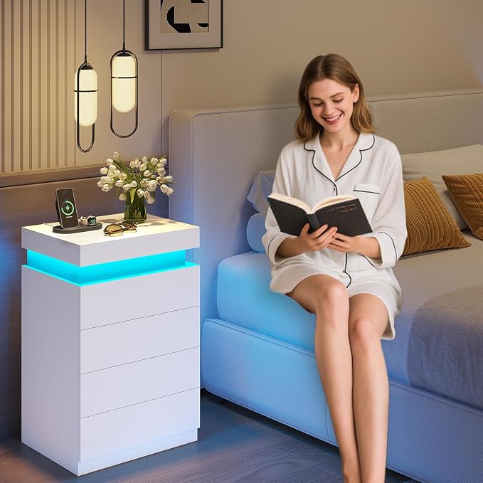 ADORNEVE White Night Stand with Drawers and LED Lights,Tall Nightstand with Sliding Top,Bedside Table with Charging Station,Modern End Side Table for Bedroom, 15.7" D x 17.7" W x 31.1" H - Image 7