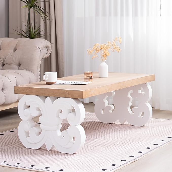 Rectangular Coffee Table with Natural Wood Top, Rustic Wooden Center Table with White Carved Base, Farmhouse Tea Table for Living Room Office Apartment,47.2" L x 23.6" W x 18" H