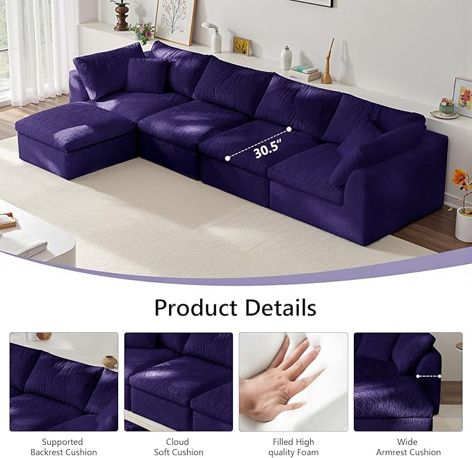 138" Modular Sectional Sofa Boneless Cloud Couch for Living Room, L Shape Deep Seat Recliner Sofa with Ottoman, Adjustable Backrest & 2 Throw Pillows - Covers Washable, (Purple, 4 Seater+1 Ottoman)